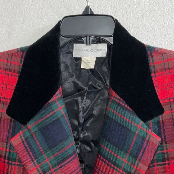 Vintage Casual Corner Holiday Tartan Plaid Blazer Black Velvet Collar sz 14 - Picture 2 of 7